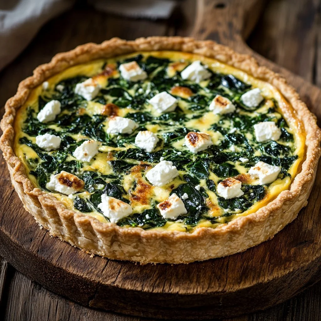 Slice of Spinach and Feta Savoury Quiche on a plate