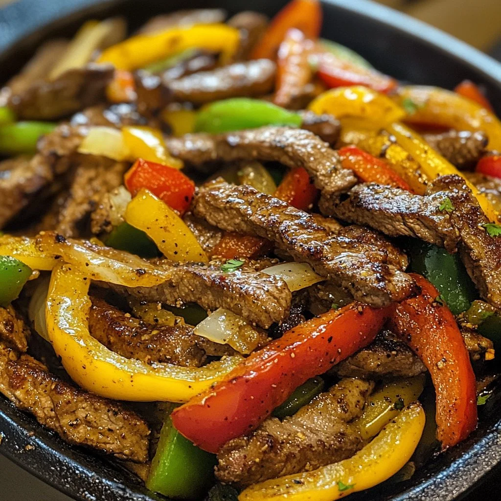 Delicious steak fajitas served with colourful veggies and warm tortillas