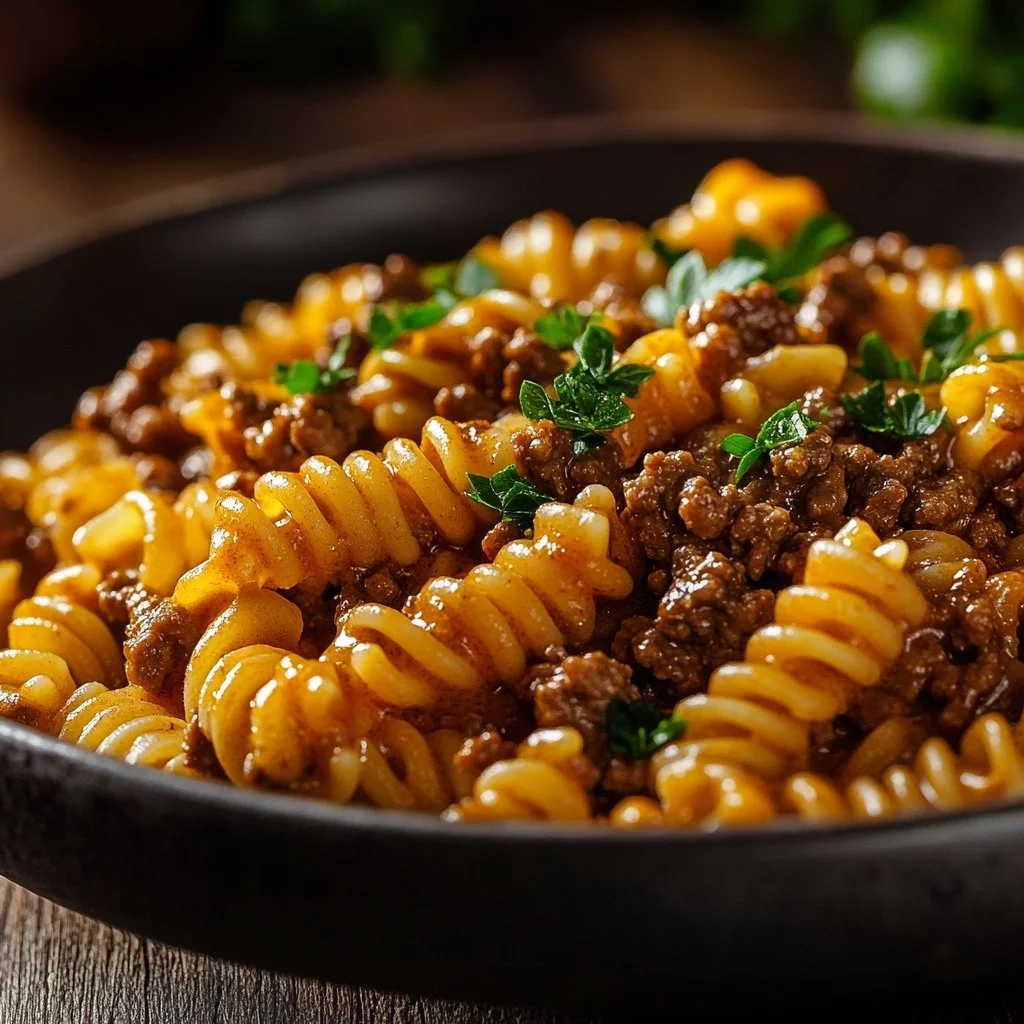 Delicious stovetop creamy minced beef pasta in a bowl garnished with herbs.