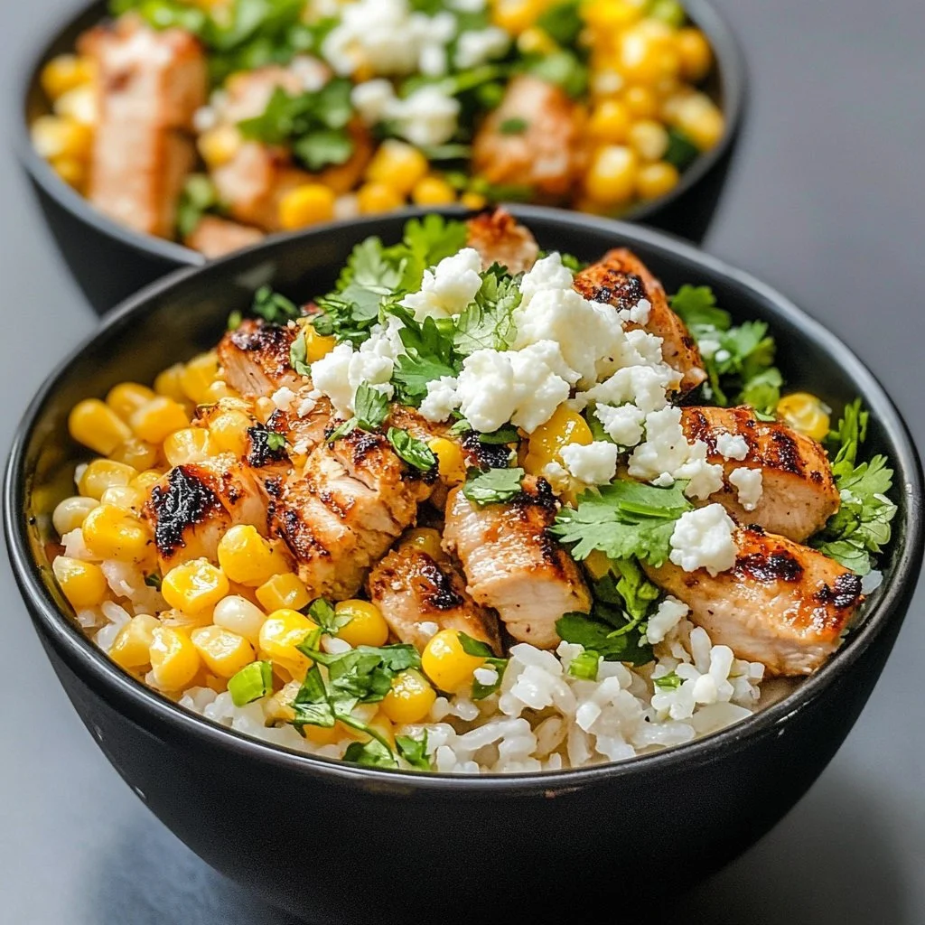Delicious Street Corn Chicken Rice Bowl with grilled chicken and fresh ingredients.