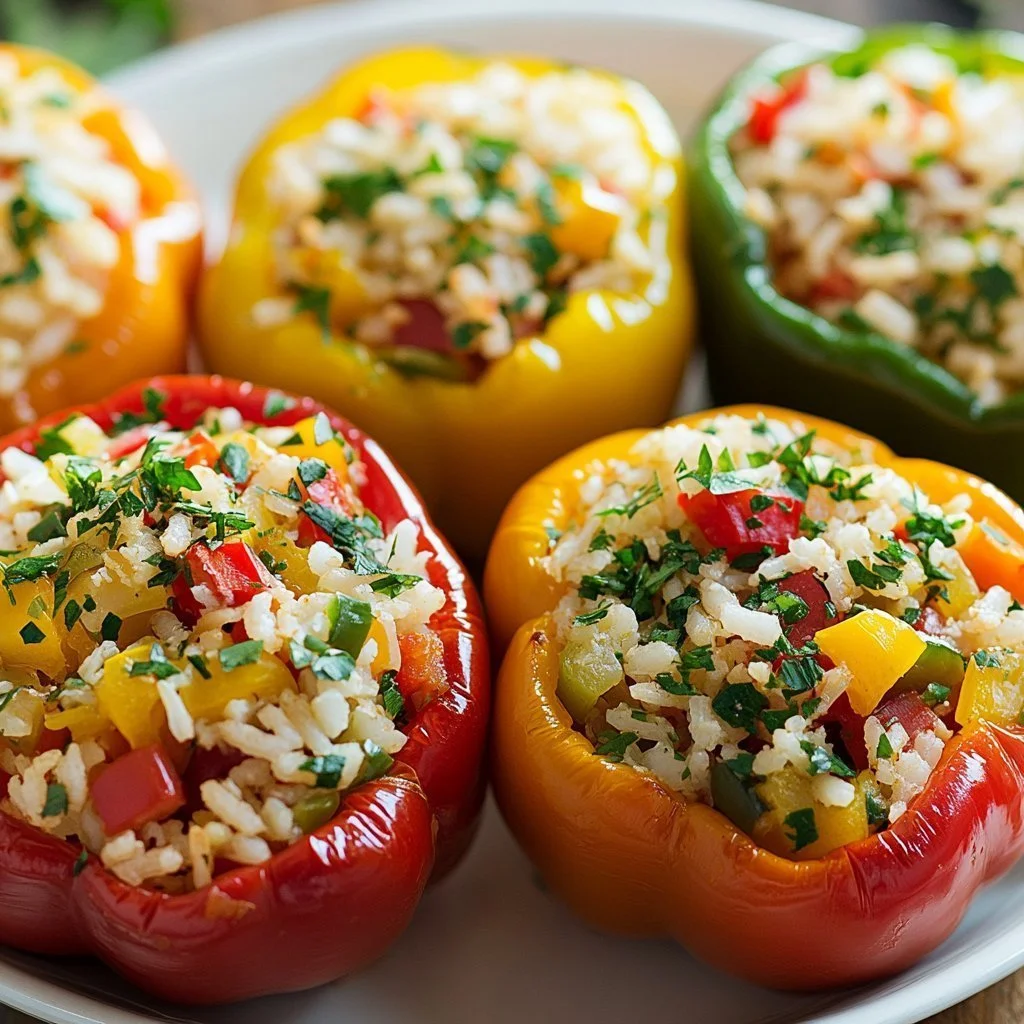 Colourful stuffed peppers filled with rice, vegetables, and spices.