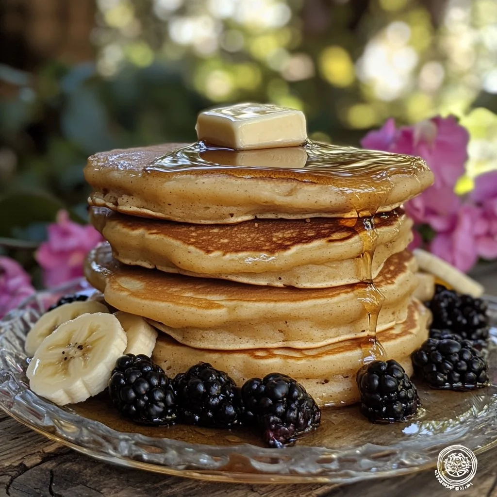 Stack of warm pancakes topped with butter and syrup