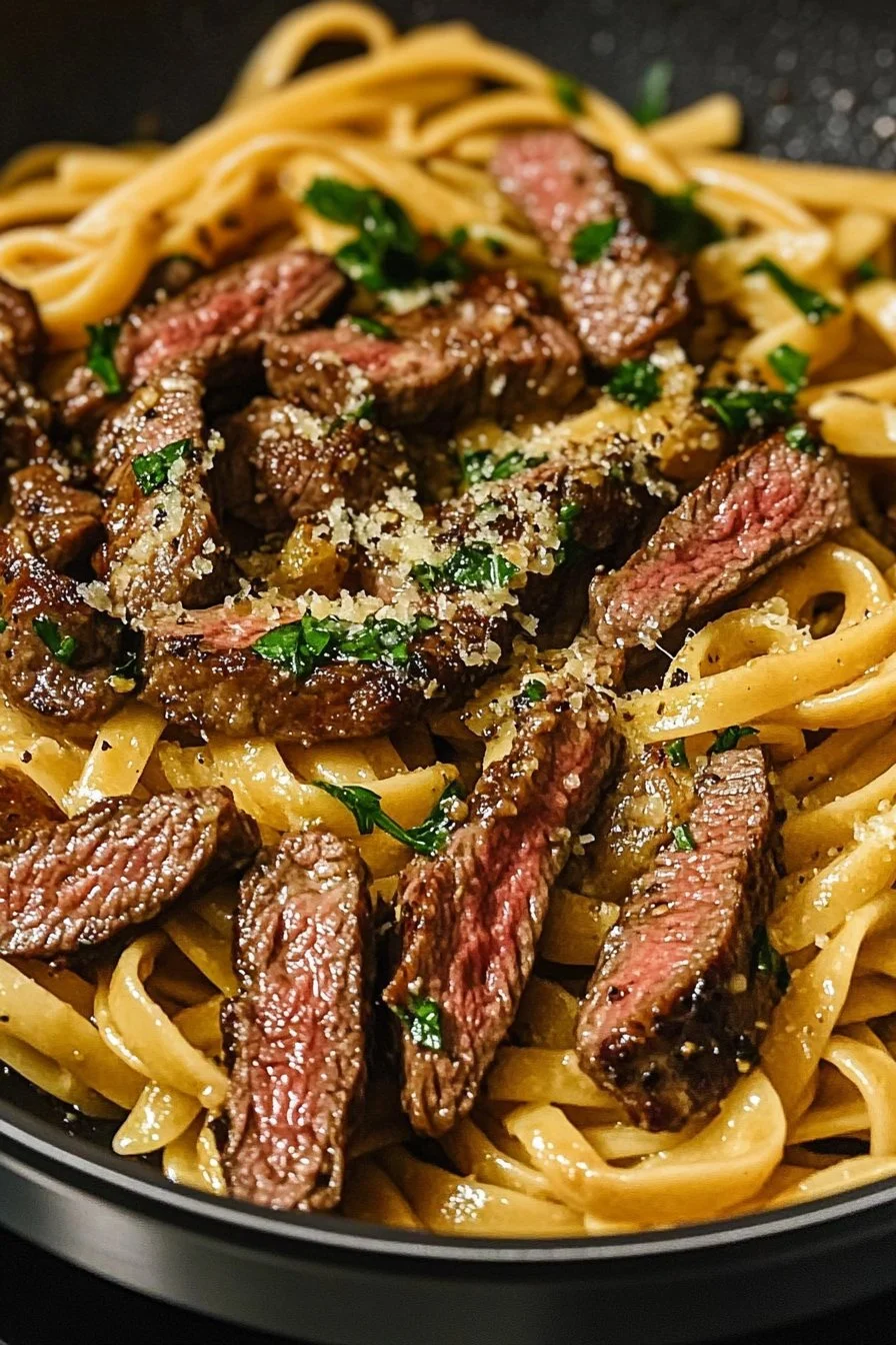 Spicy Garlic Butter Parmesan Steak Pasta