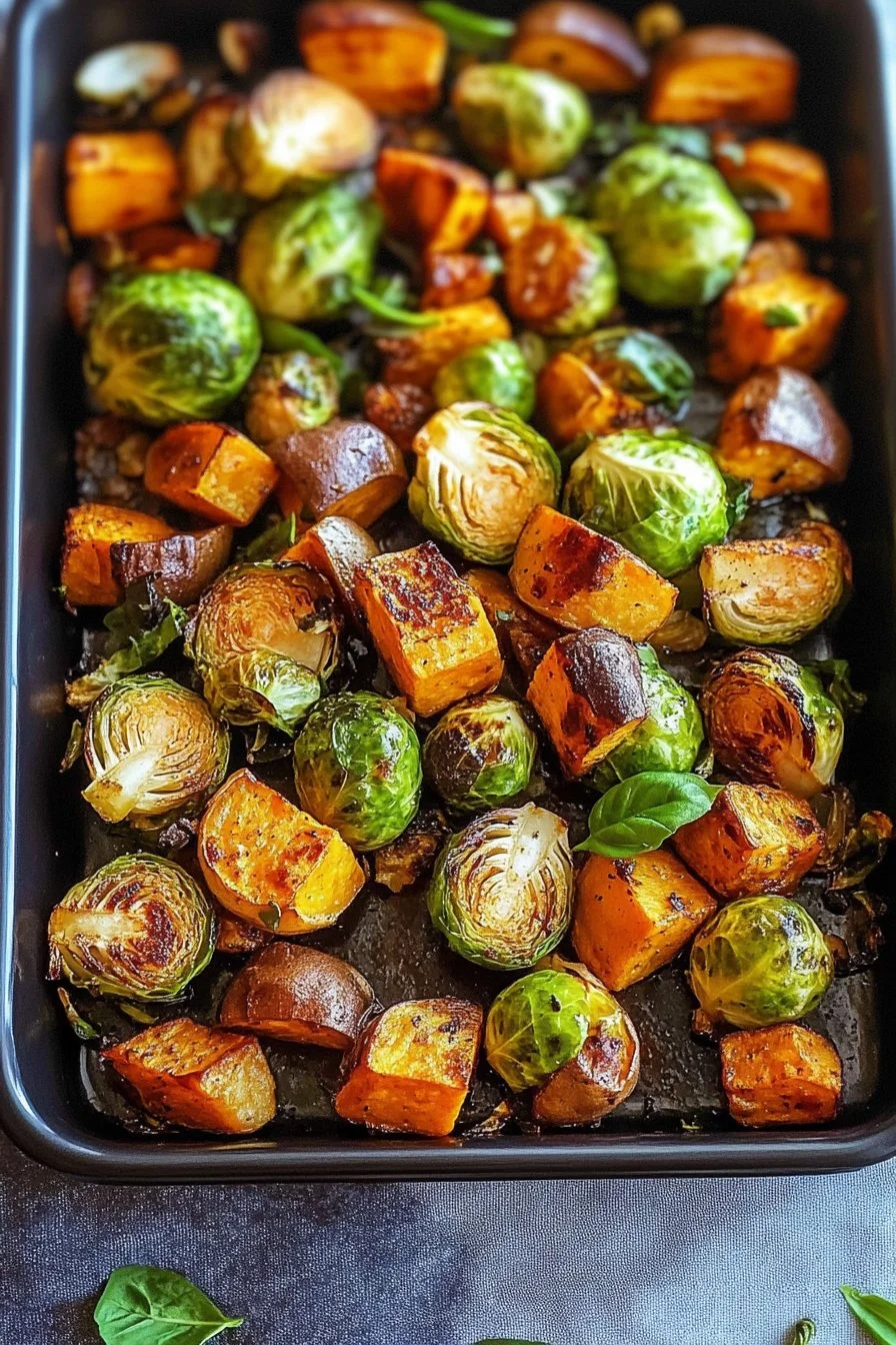 Roasted Brussels Sprouts and Sweet Potatoes