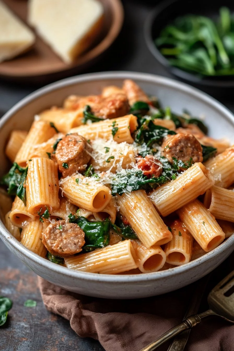 Creamy Sausage Rigatoni with Spinach, Garlic, and Tomato Cream Sauce