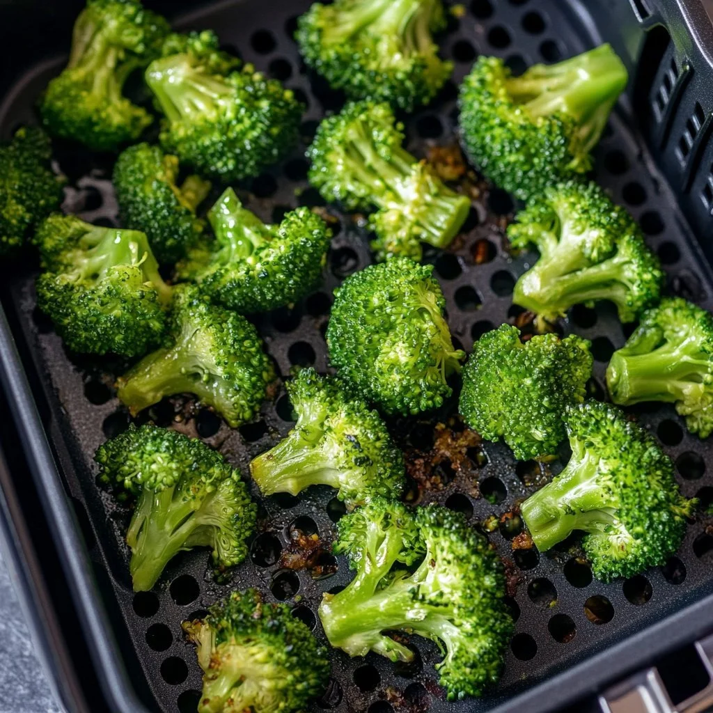 Crispy air fryer broccoli served in a bowl, showcasing vibrant green colour.