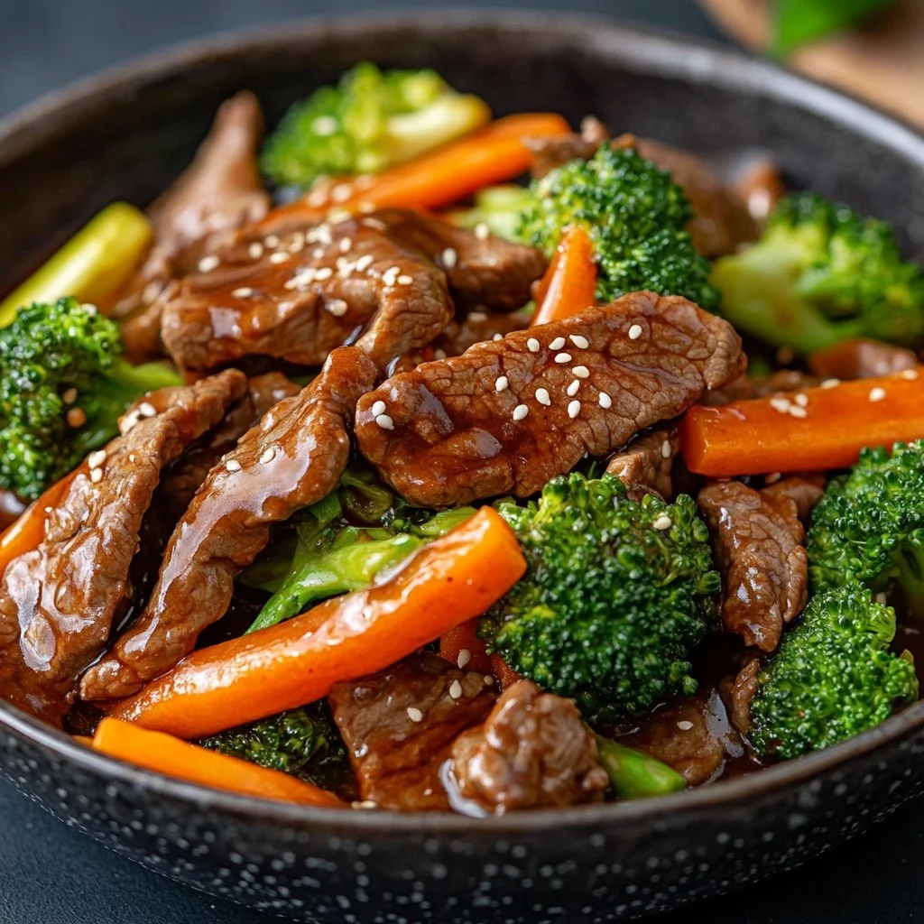 Asian Sweet Ginger Beef Stir-Fry with fresh vegetables and tender beef slices
