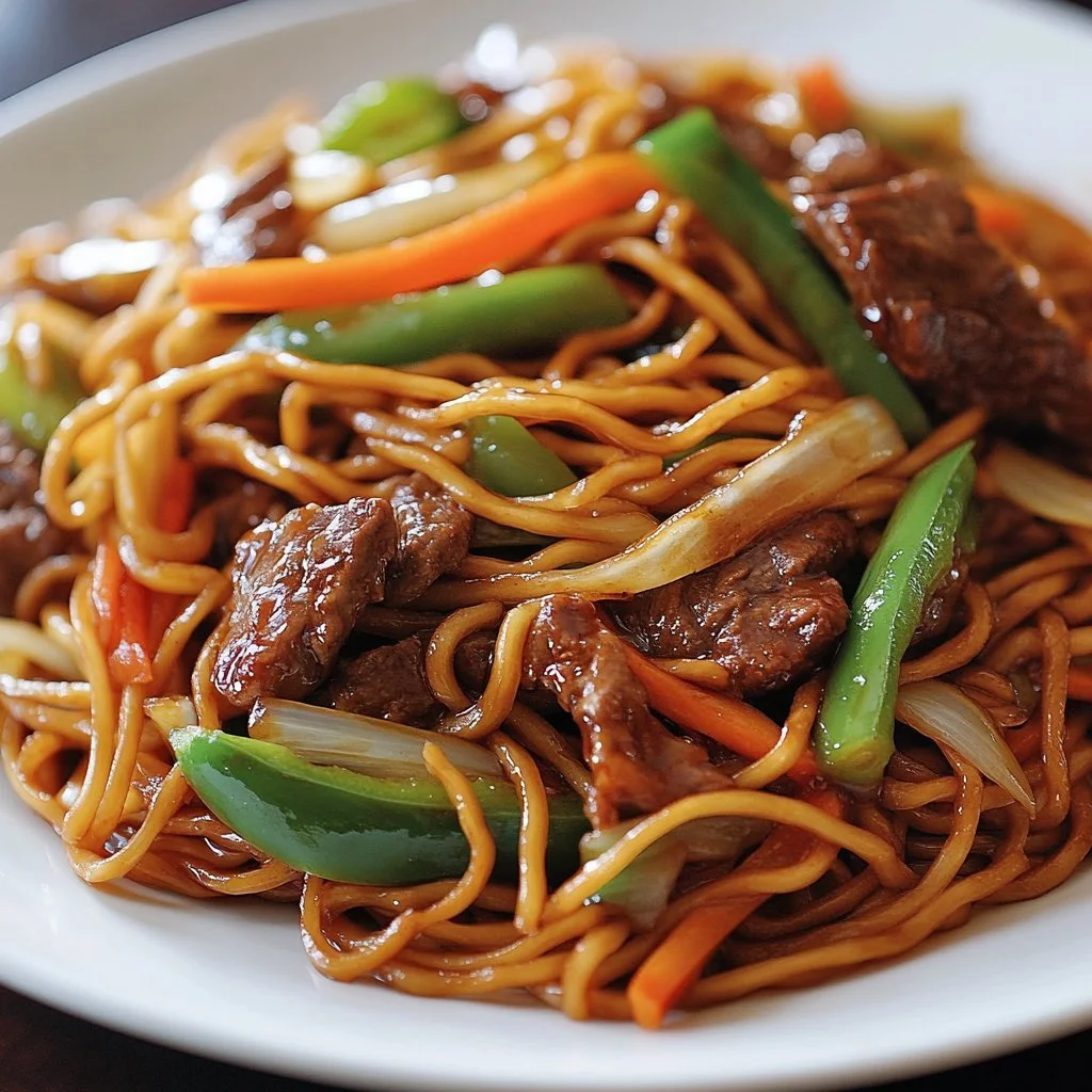 Authentic Beef Chow Mein dish with beef, vegetables, and noodles