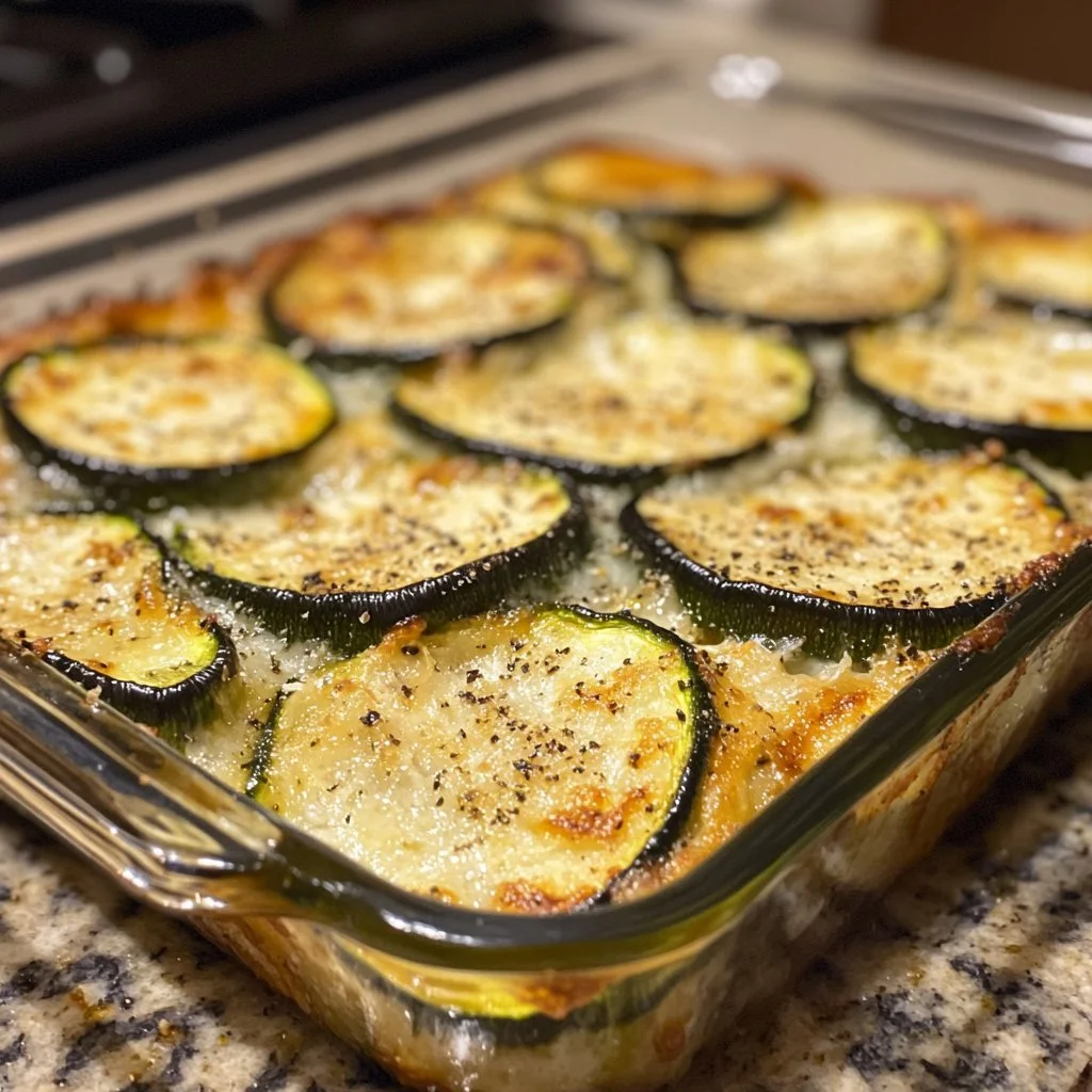 Baked Parmesan Courgette dish garnished with herbs, served in a white plate.