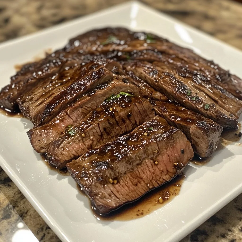 Balsamic Flank Steak served with seasonal vegetables on a plate.
