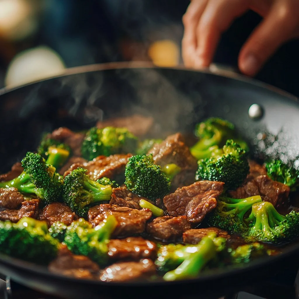 Stir-fried beef and broccoli in a savory sauce served on a plate
