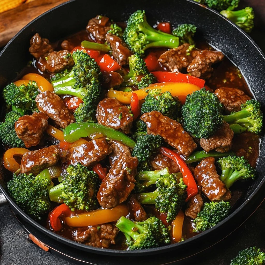 Beef and Broccoli stir-fry served with rice on a plate