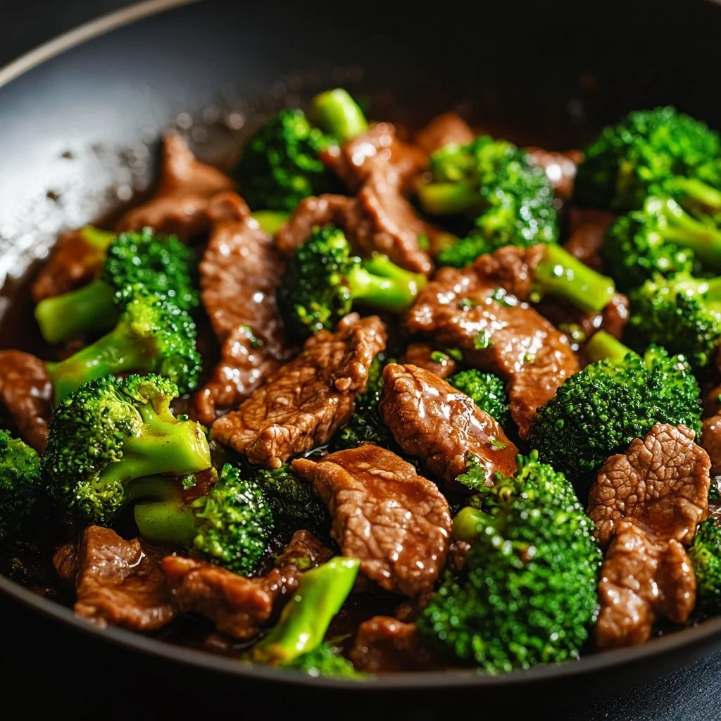A vibrant plate of Beef and Broccoli stir fry topped with sesame seeds.