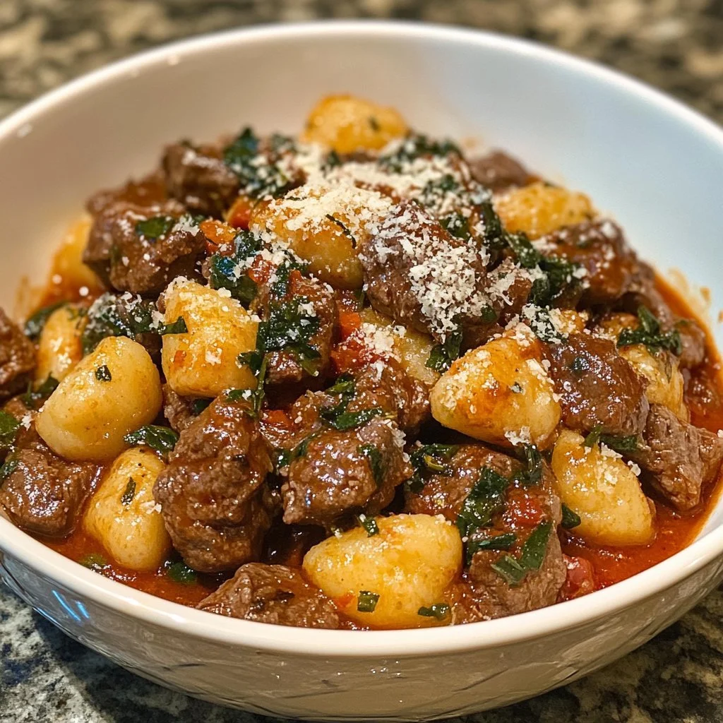 Beef and Gnocchi dish served with a rich sauce and garnished
