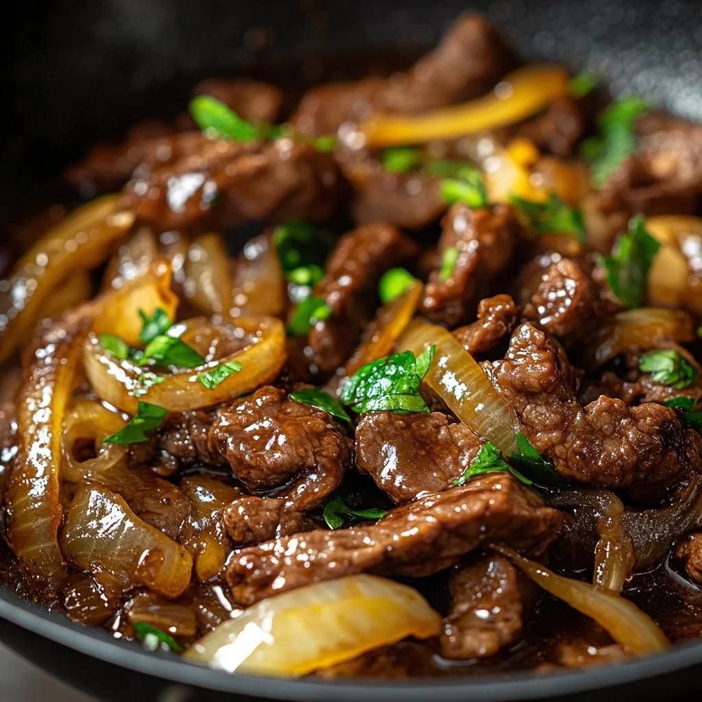 Beef and onion stir-fry served in a bowl with vibrant vegetables