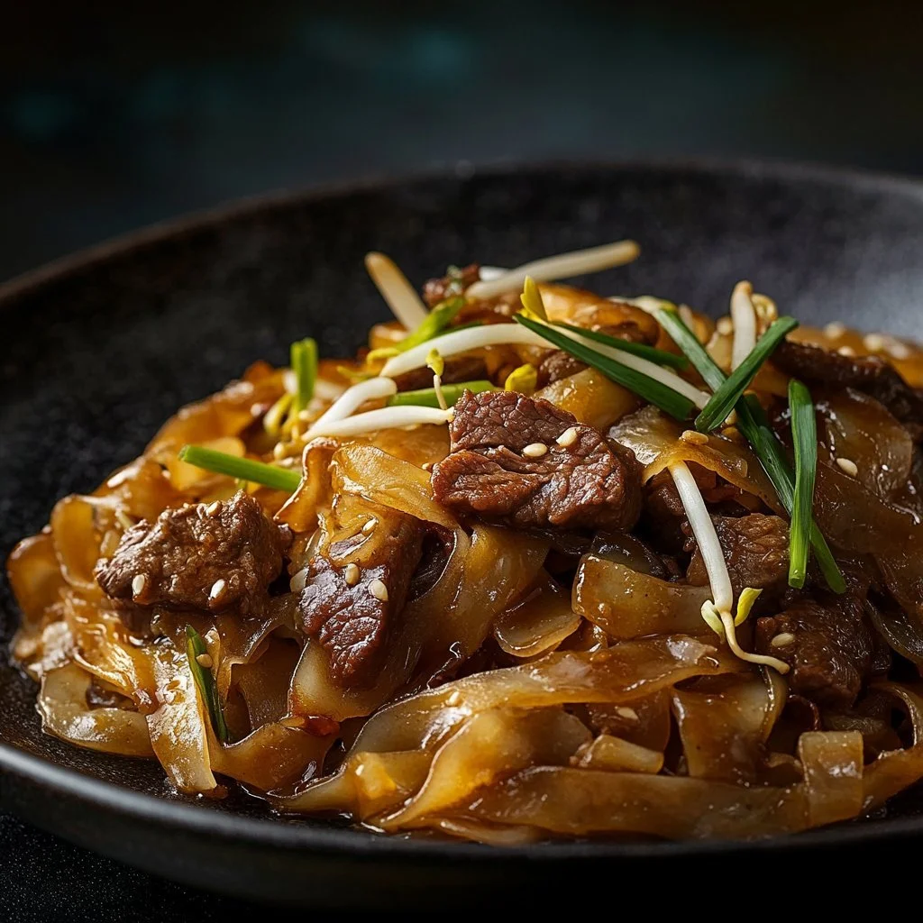 Plate of Beef Chow Fun with tender beef and vegetables in stir-fried noodles