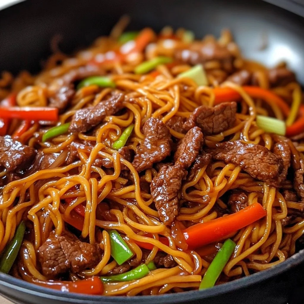 A delicious bowl of Beef Lo Mein served with fresh vegetables and tender beef
