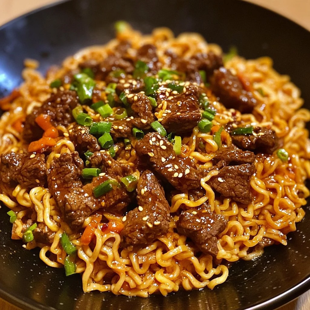 Delicious beef ramen noodles stir fry served in a bowl with fresh veggies.