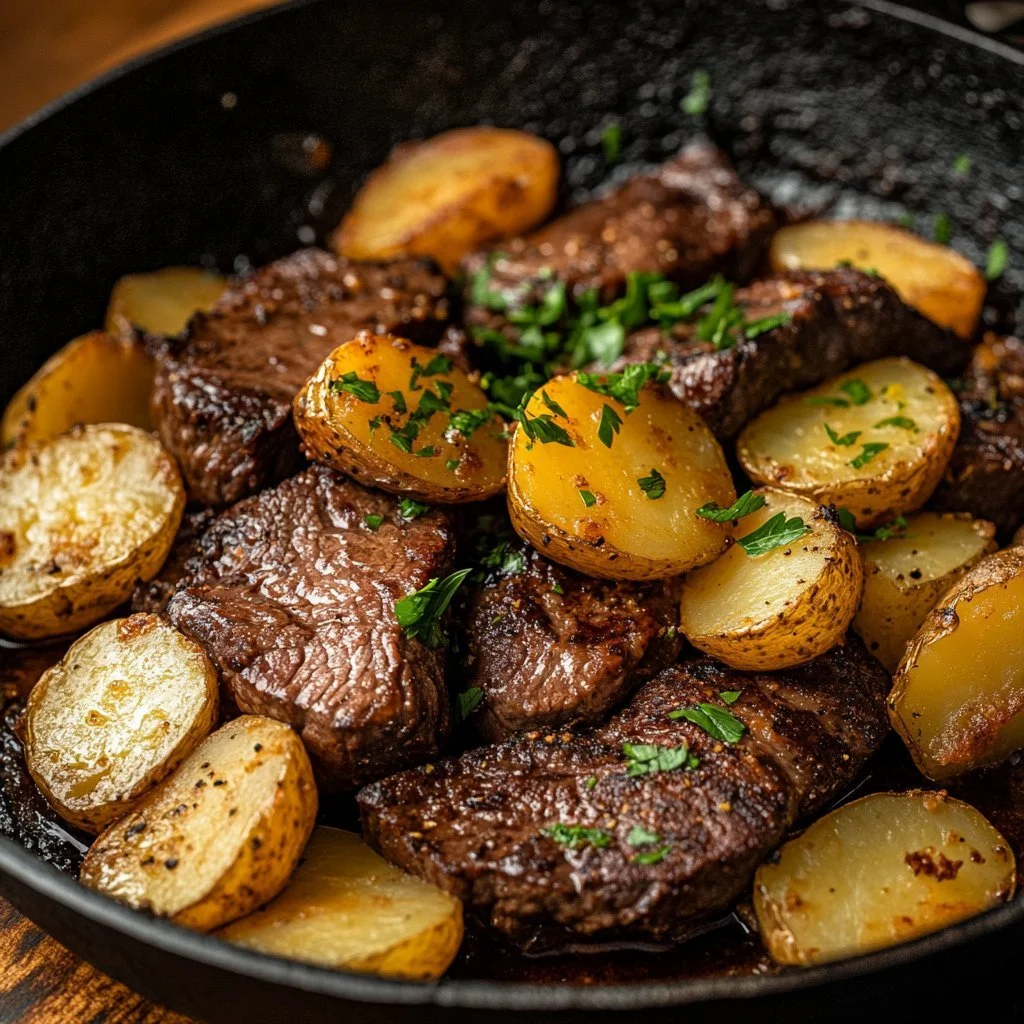 Beef Sirloin Tip Steak served with garlic butter potatoes on a plate