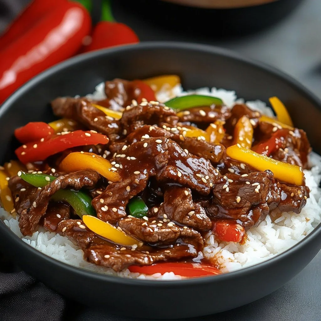 Colourful beef stir fry with vegetables in a wok