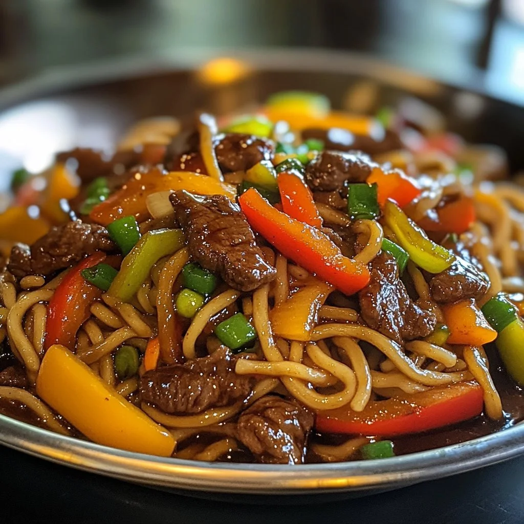 Delicious beef stir fry noodles with vegetables and soy sauce