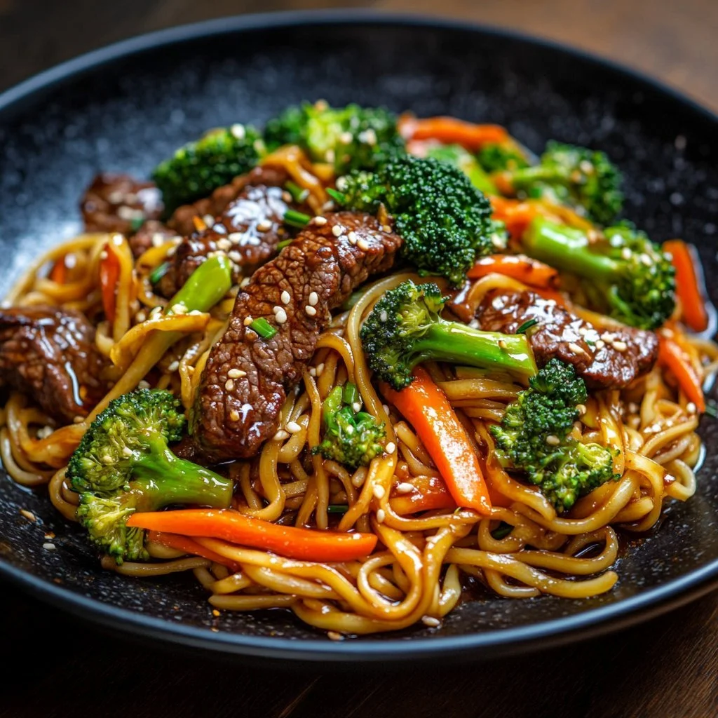 Delicious Beef Stir-Fry with Linguine served on a plate with fresh vegetables