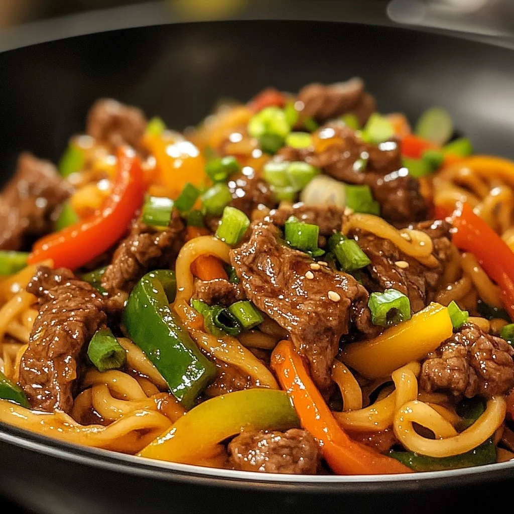 Beef stir-fry with noodles and sticky sauce on a plate