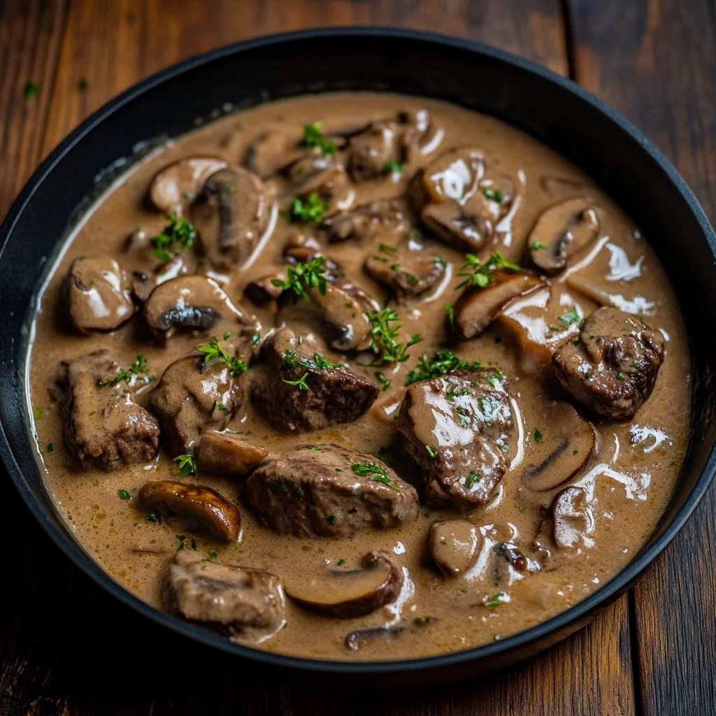 Delicious Beef Stroganoff served with pasta and garnished with parsley