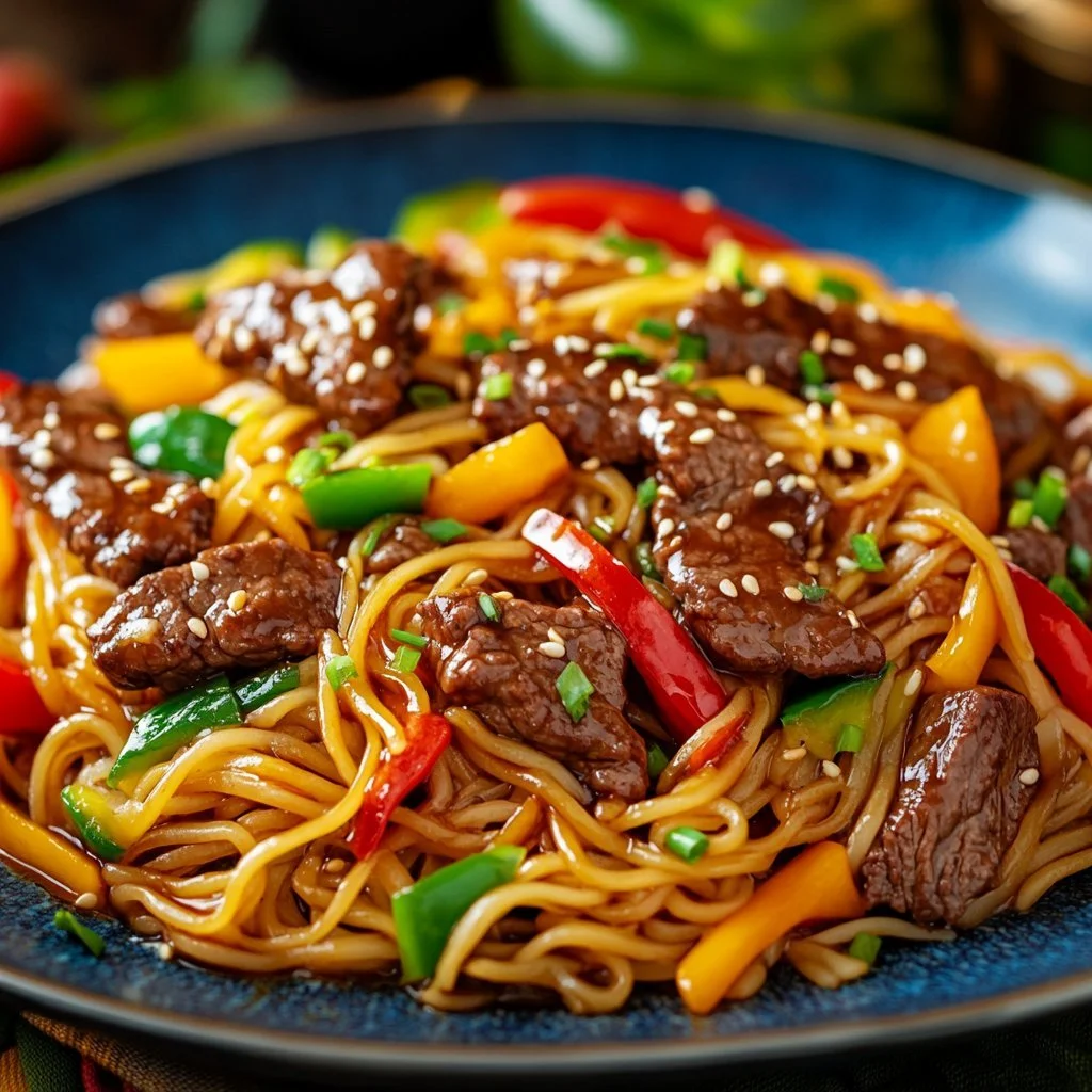 Beef Teriyaki Noodles served in a bowl with vegetables