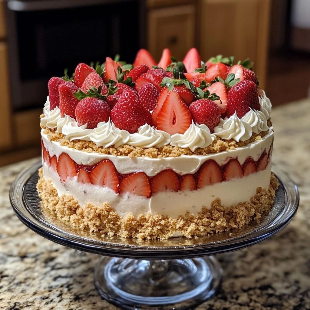 Berrylicious strawberry crunch cake with fresh strawberries and crispy topping
