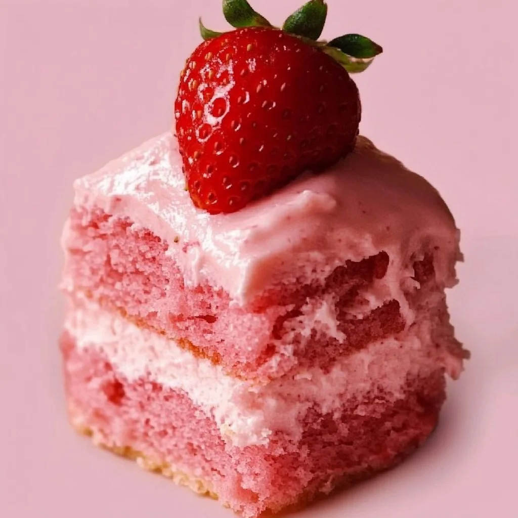 A delicious slice of best ever strawberry cake topped with fresh strawberries.