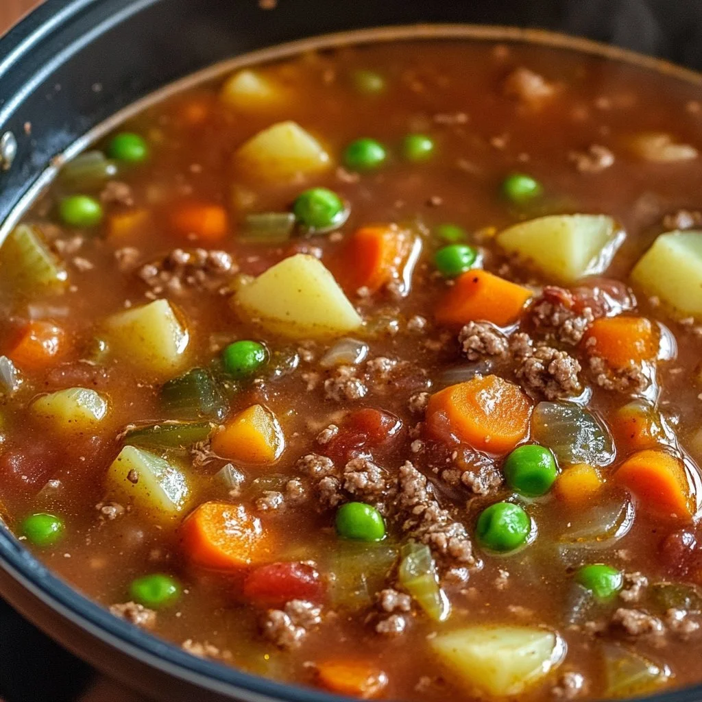 Bowl of delicious hamburger soup garnished with herbs