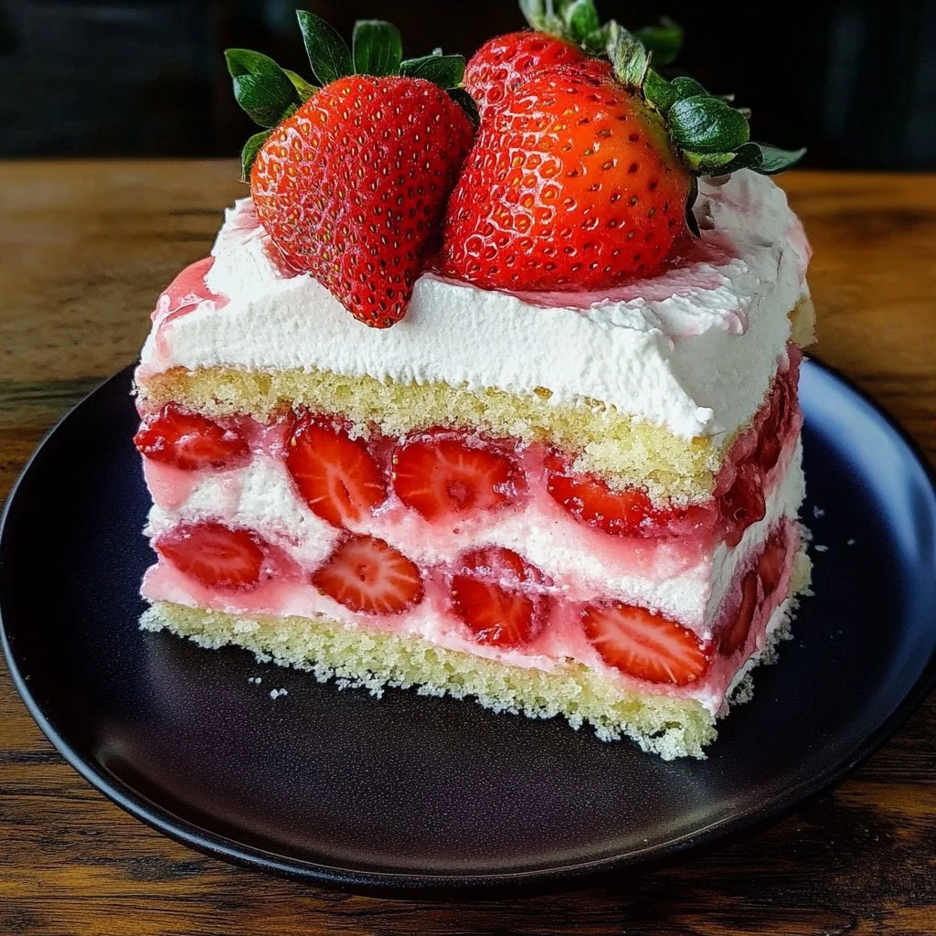 Best strawberry poke cake topped with fresh strawberries and cream