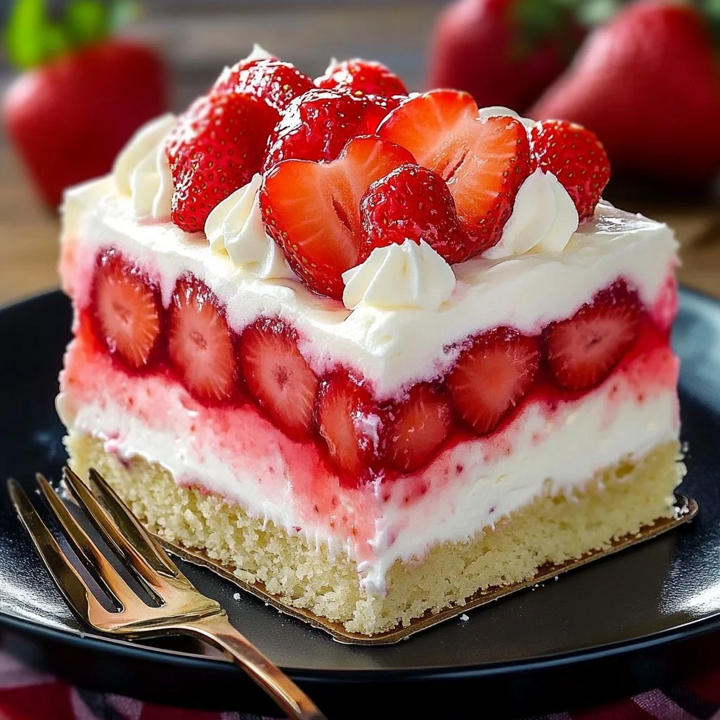 Delicious slice of strawberry poke cake topped with fresh strawberries and whipped cream.