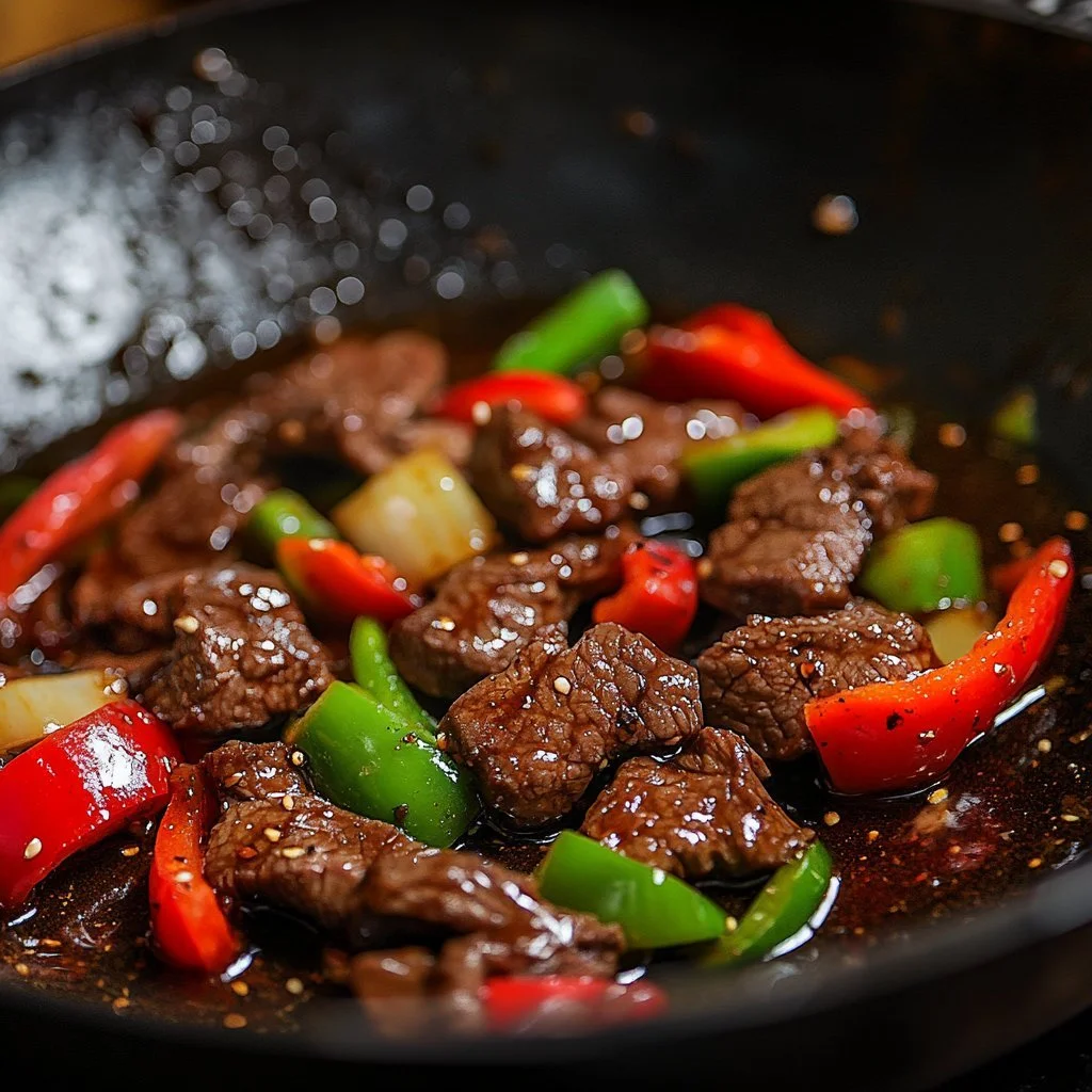Delicious black pepper beef stir-fry served on a plate with vegetables.