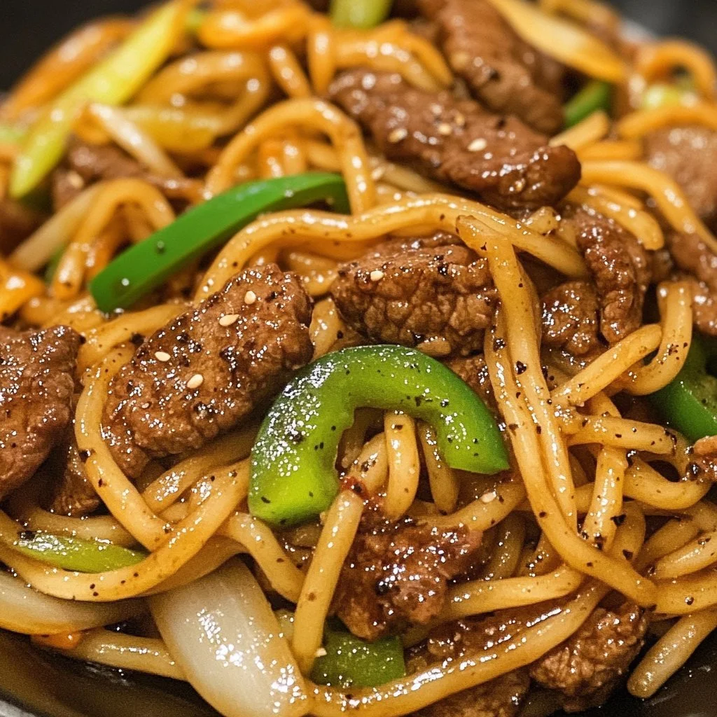 Delicious Black Pepper Beef Chow Mein with fresh vegetables and tender beef strips