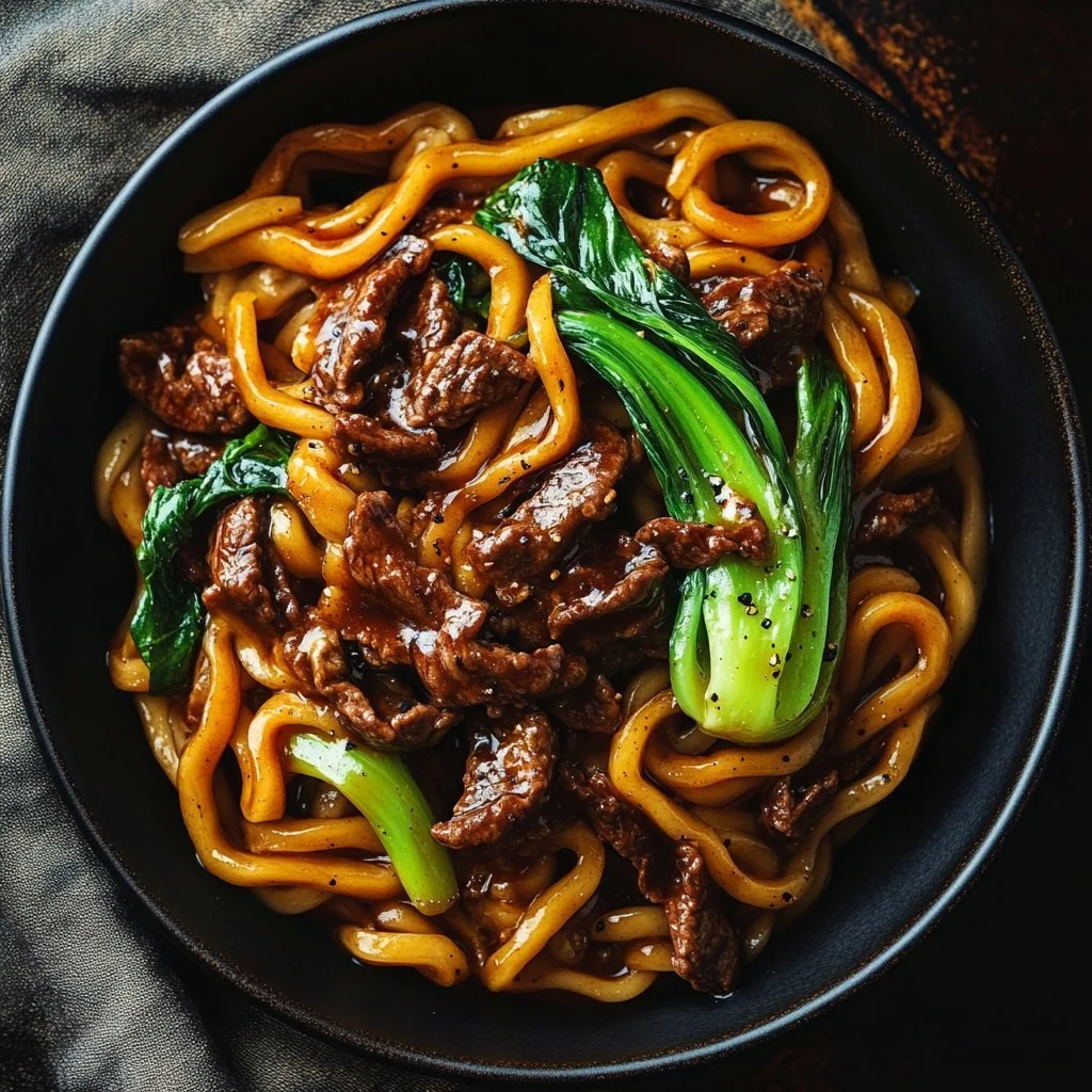 Bowl of black pepper udon with vegetables and spices