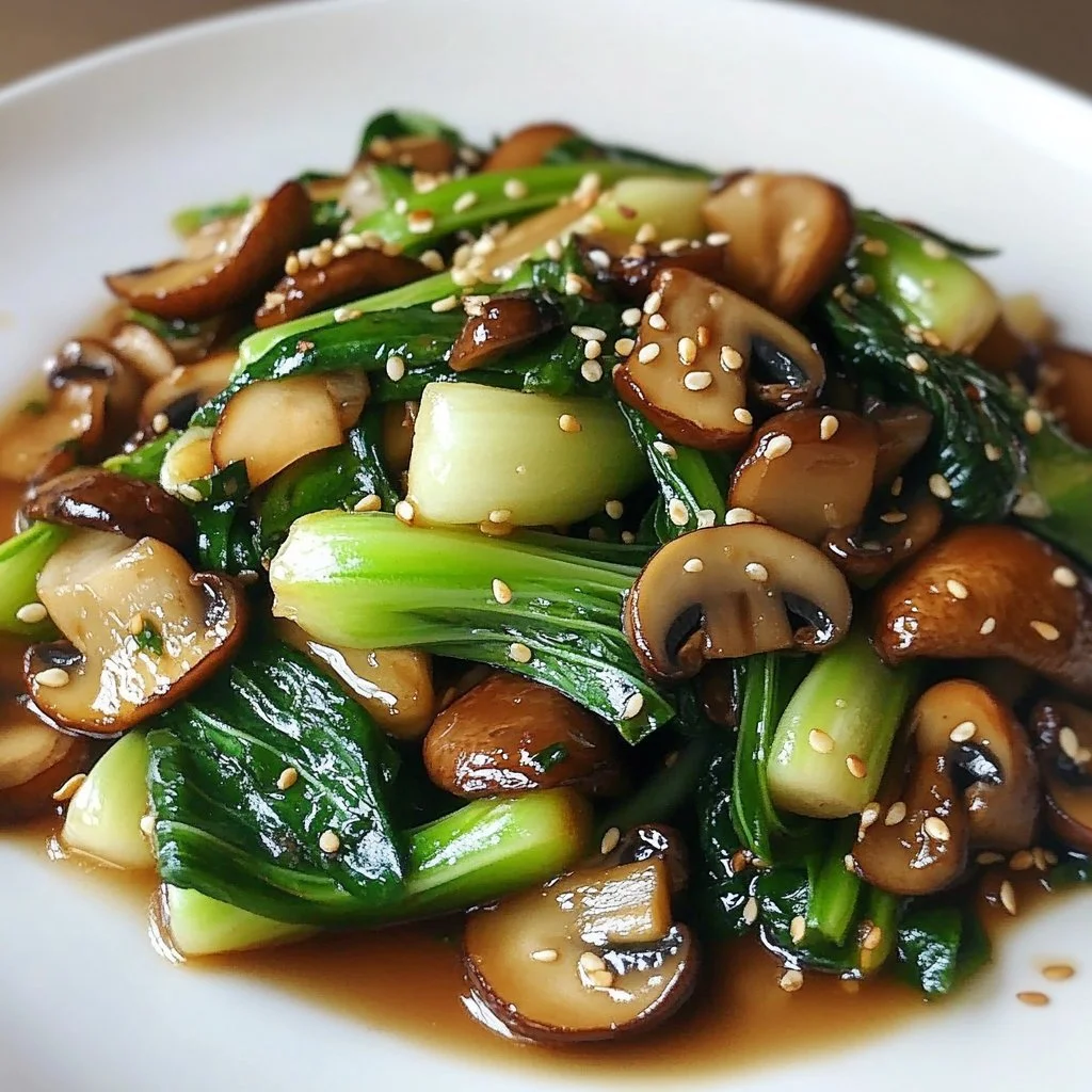 Bok Choy and Mushroom Stir Fry in a colorful bowl, garnished with sesame seeds.