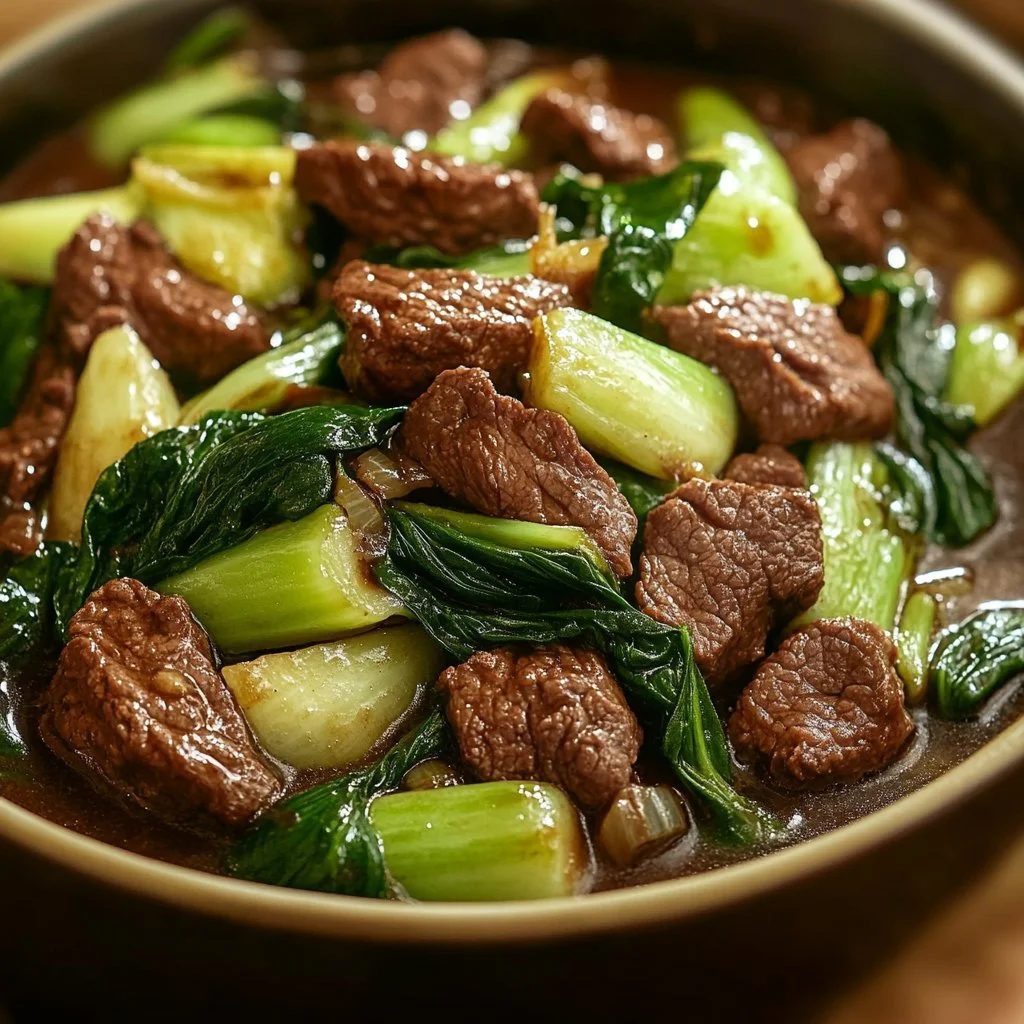 Bok Choy Stir-Fried Beef dish with tender beef and vibrant greens.
