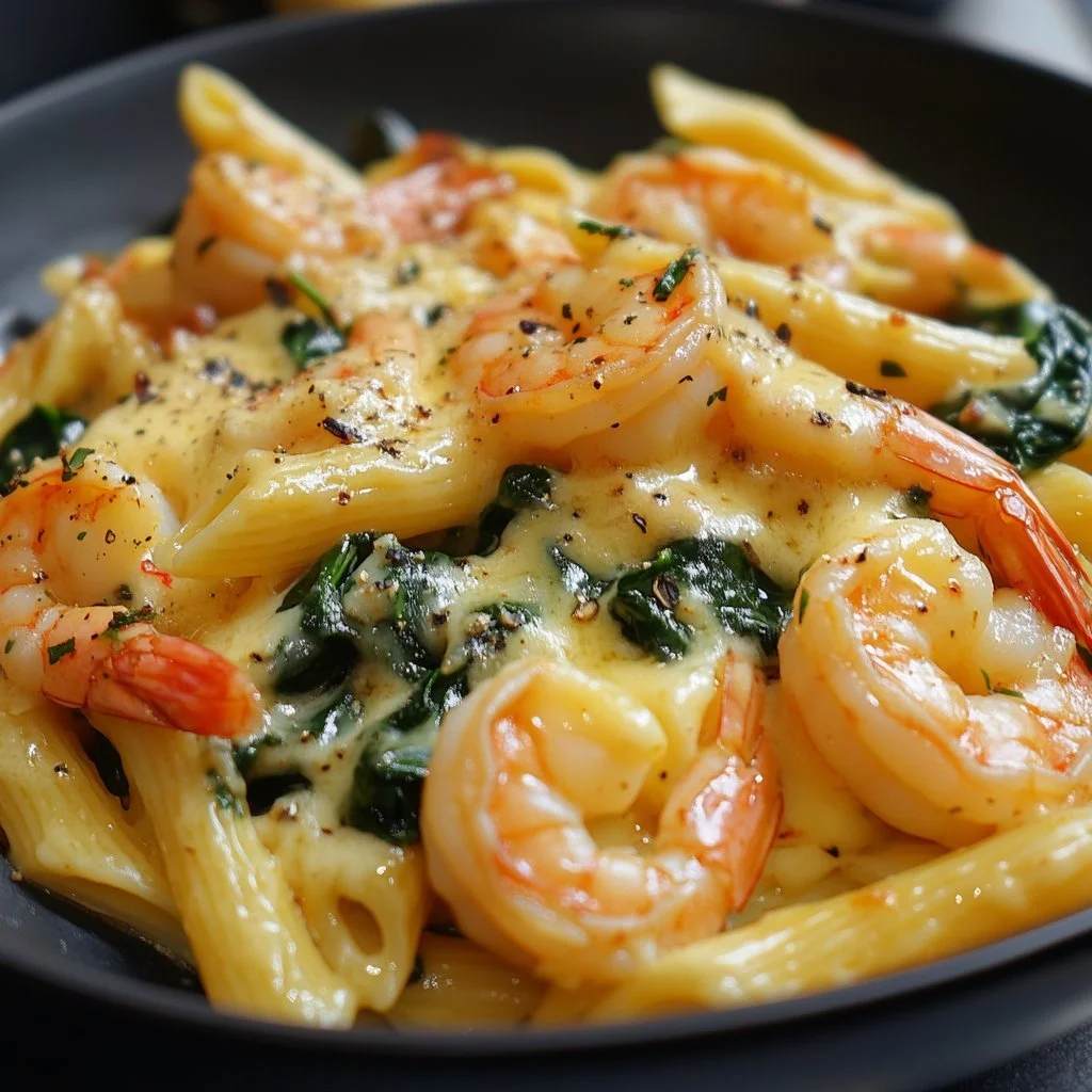 Creamy Prawn Penne Pasta with cheese and spinach served in a white bowl