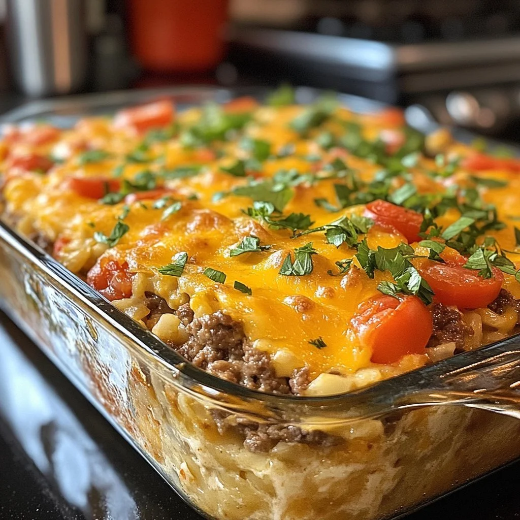 Delicious cheeseburger bake freshly cooked and served in a casserole dish.