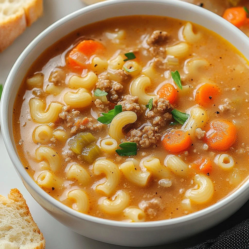 Bowl of Cheeseburger Macaroni Soup topped with cheese and herbs