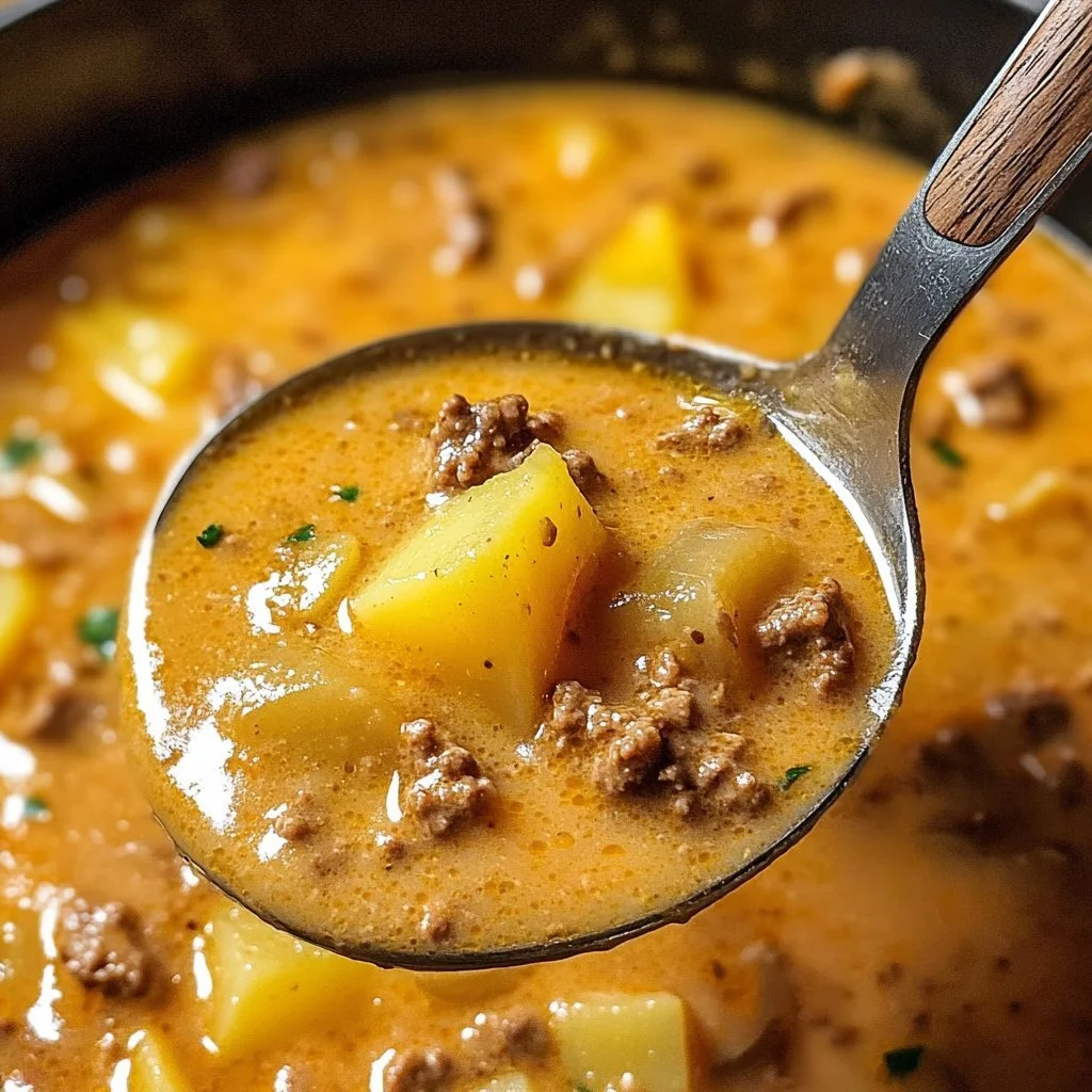 A bowl of cheesy beef and potato soup garnished with herbs