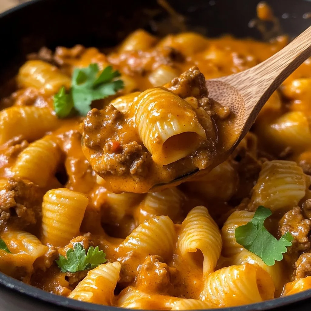Cheesy Enchilada Hamburger Helper served in a bowl with toppings