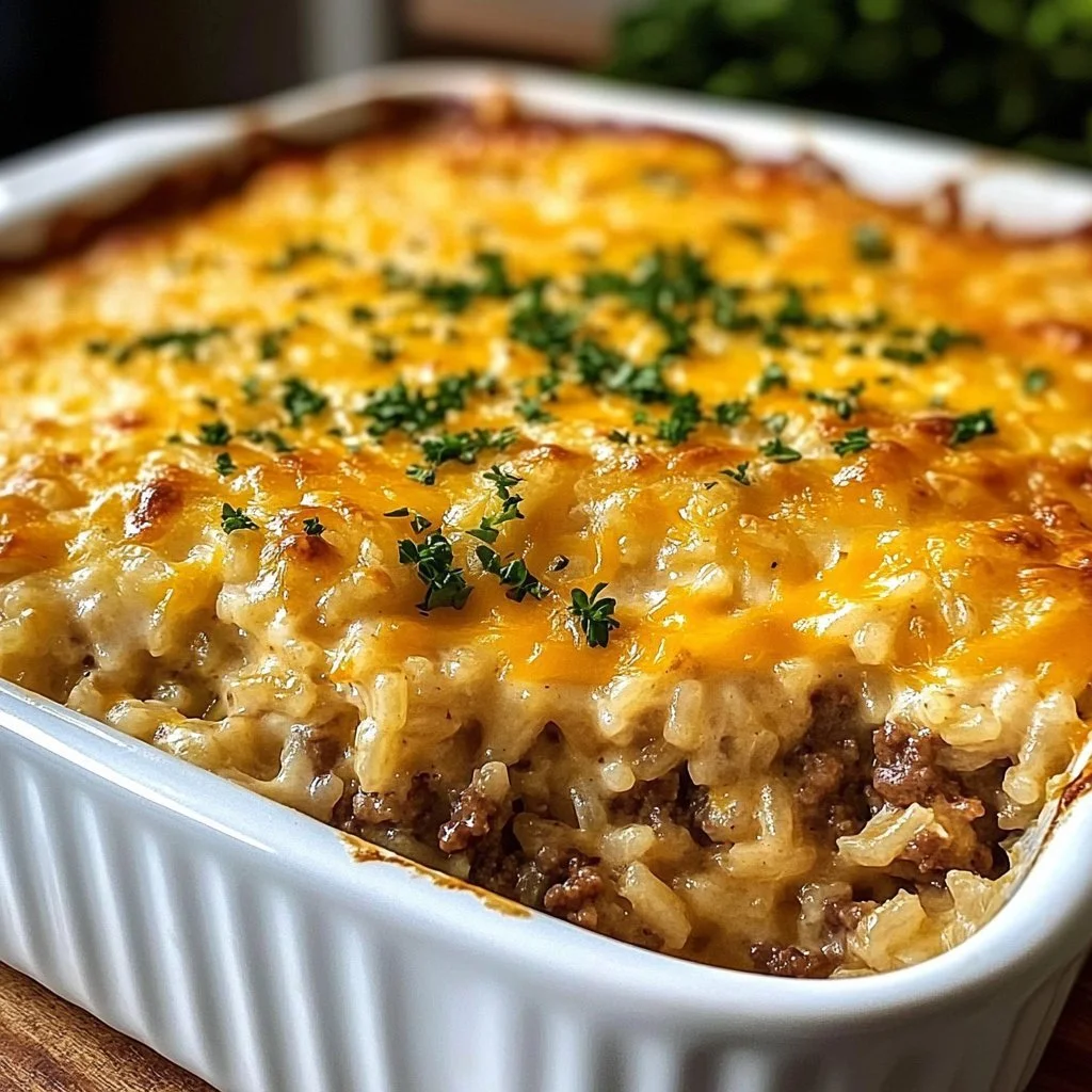 Cheesy Hamburger Rice Bake served in a casserole dish with melted cheese