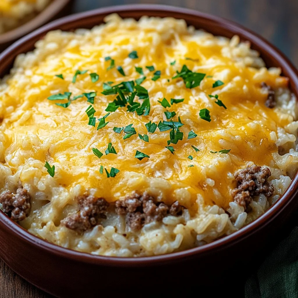 Delicious Cheesy Hamburger Rice Bake topped with melted cheese and herbs