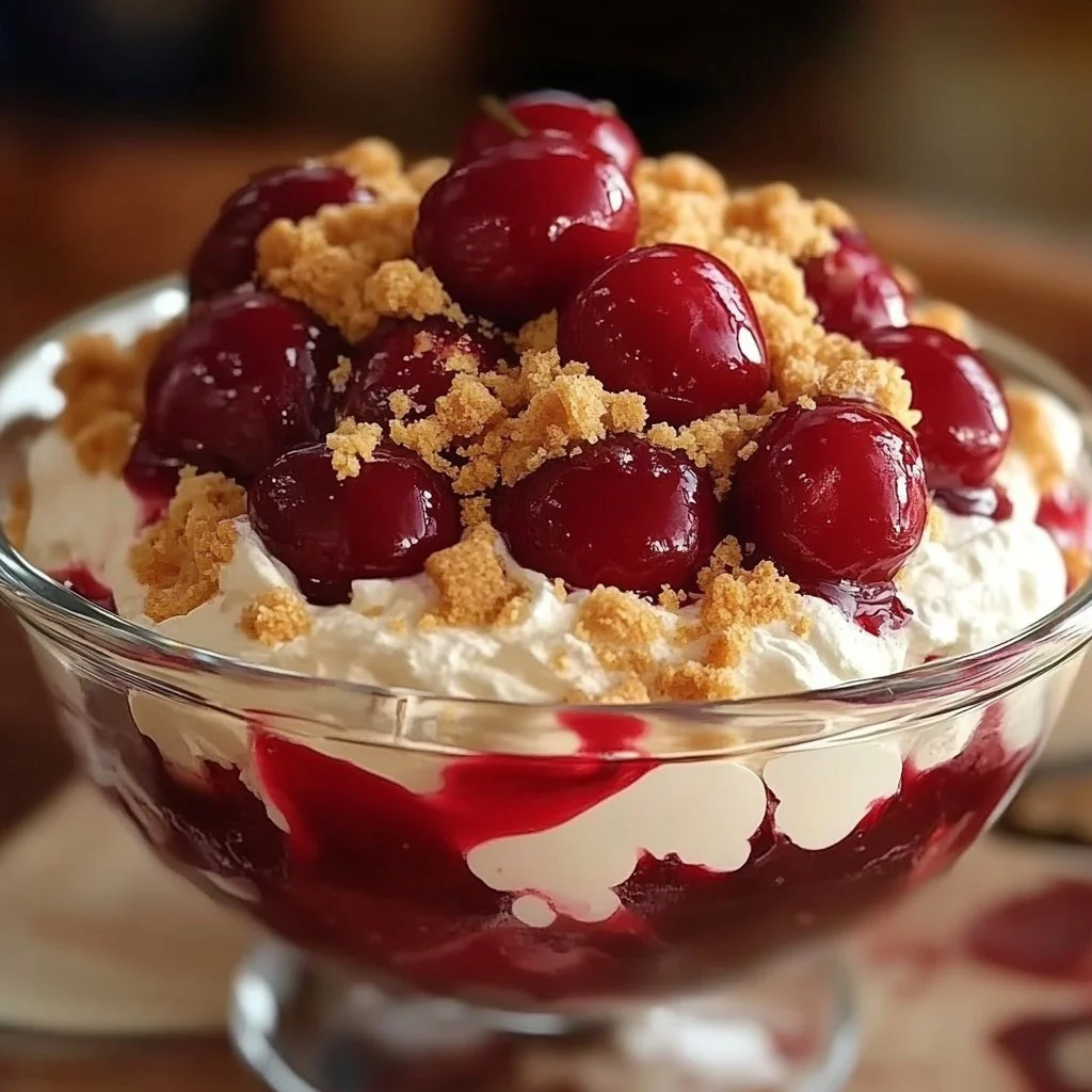 Delicious Cherry Cheesecake Fluff dessert topped with fresh cherries.