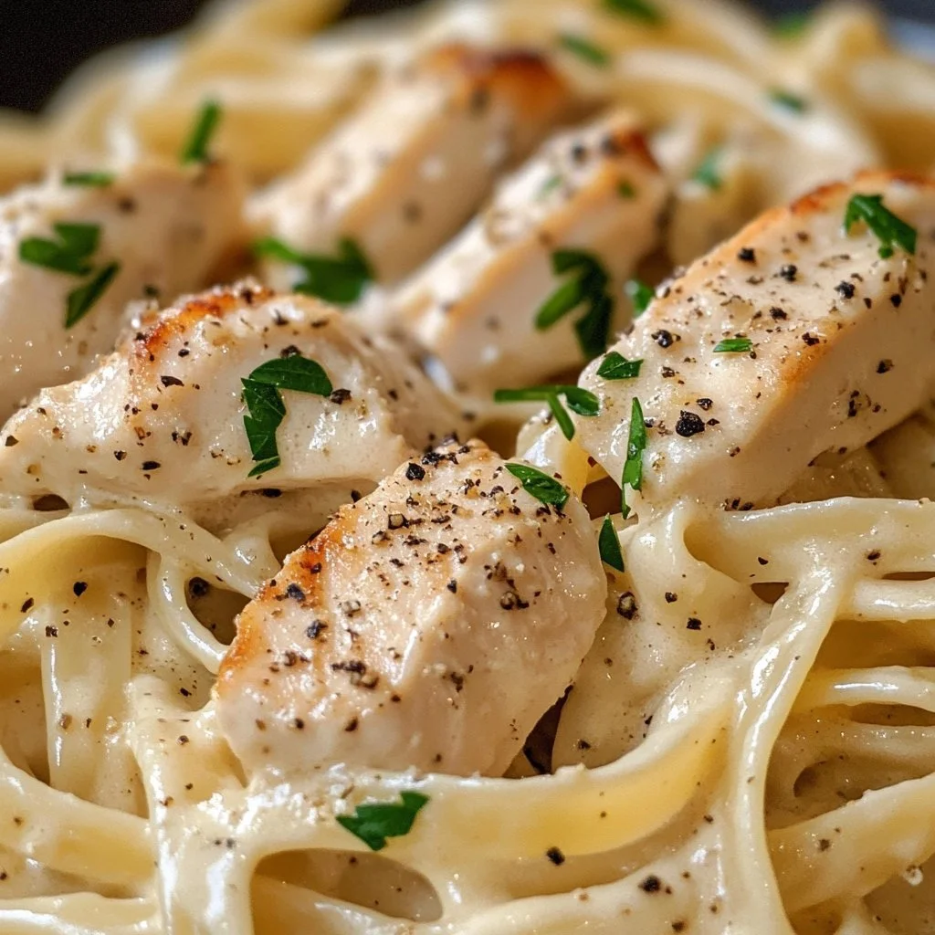 Delicious Chicken Alfredo Pasta served with parsley garnish