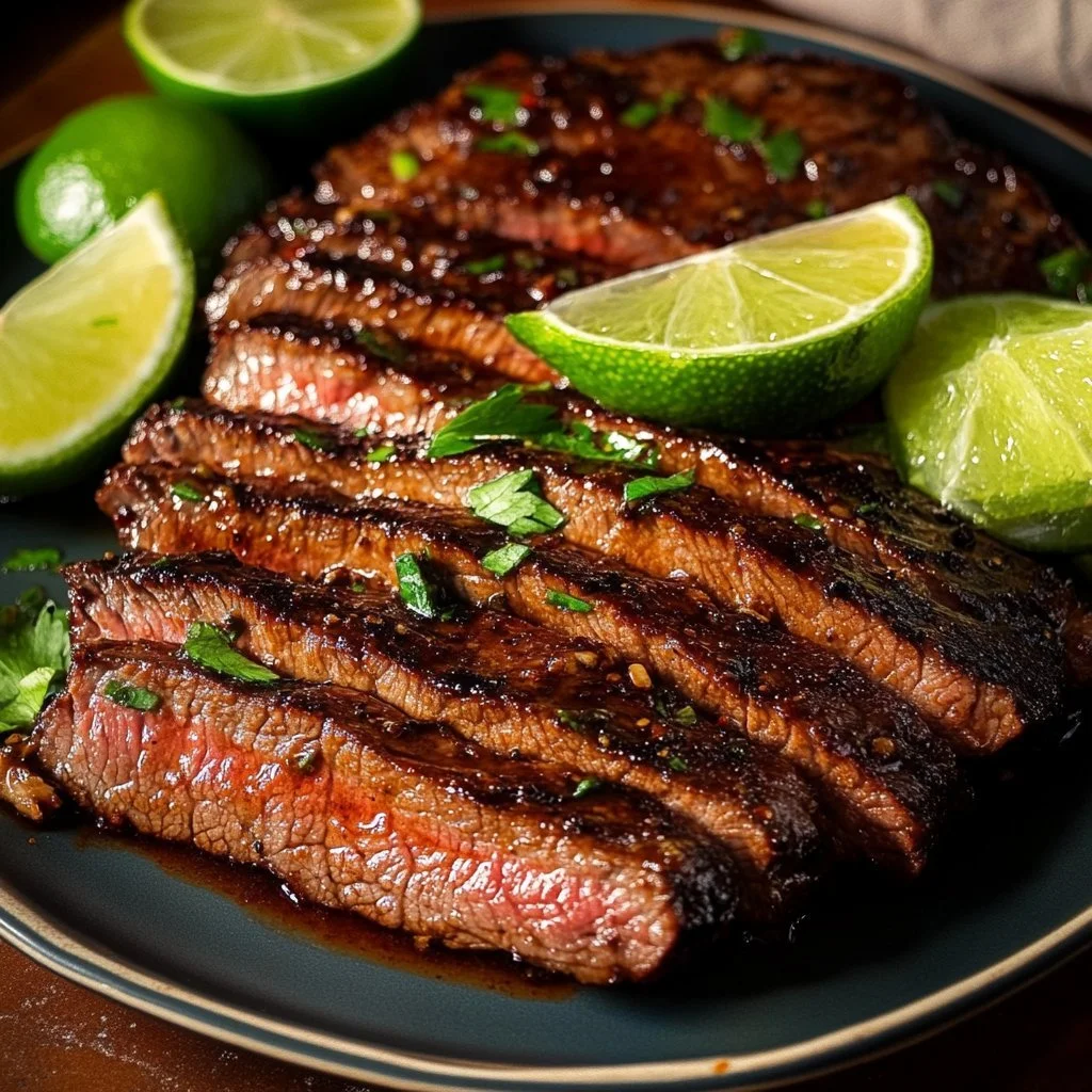 Juicy Chilli Lime Flank Steak garnished with lime and chillies