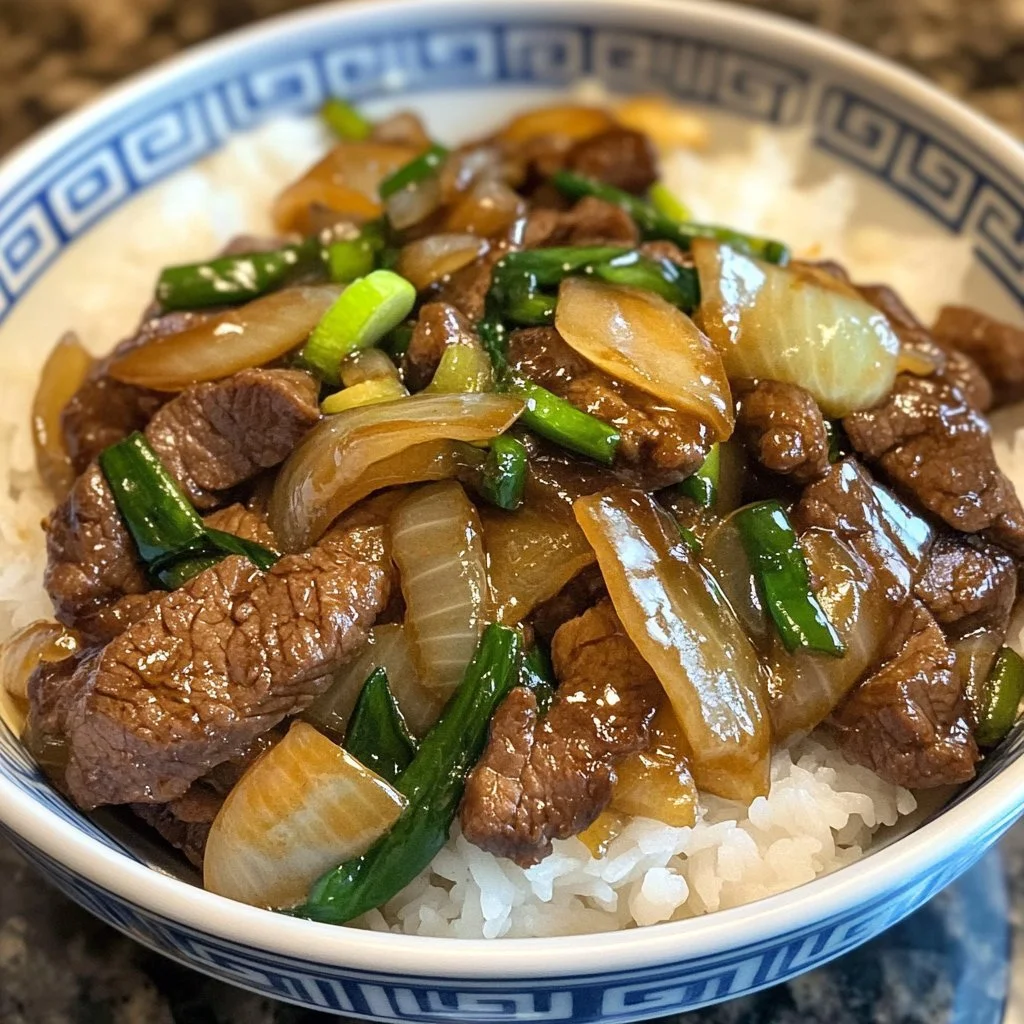 Delicious Chinese beef and onion stir-fry served in a bowl with chopsticks